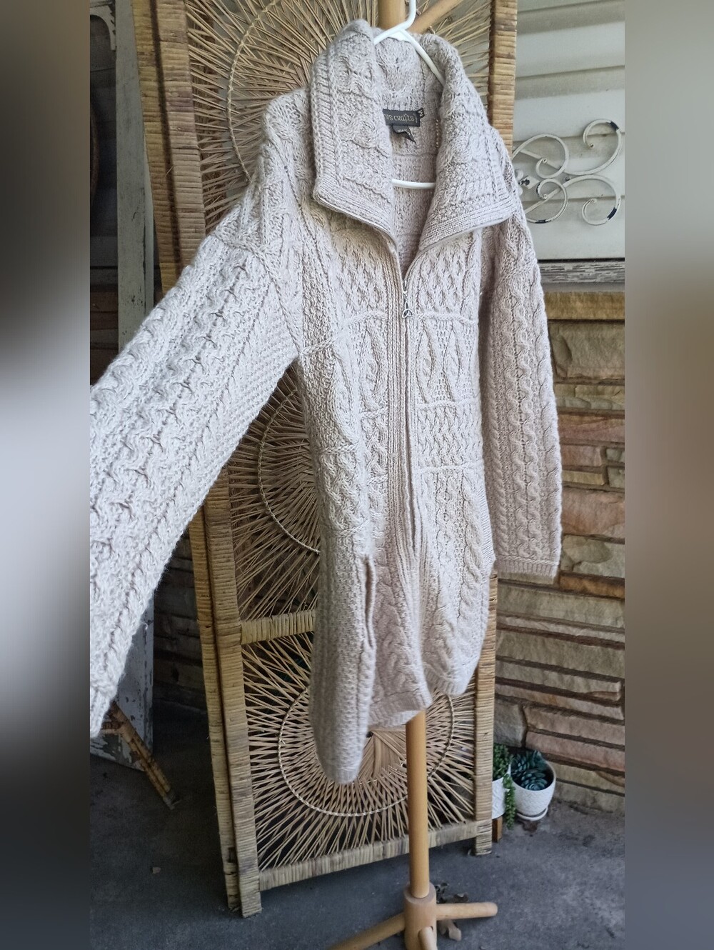 Inis Crafts Long 100% Merino Wool Cream Cable-Knit Zip Cardigan Sweater_M - Picture 5 of 8
